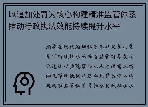 以追加处罚为核心构建精准监管体系推动行政执法效能持续提升水平