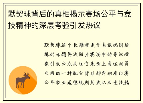 默契球背后的真相揭示赛场公平与竞技精神的深层考验引发热议 默契球背后的真相揭示赛场公平与竞技精神的深层考验引发热议